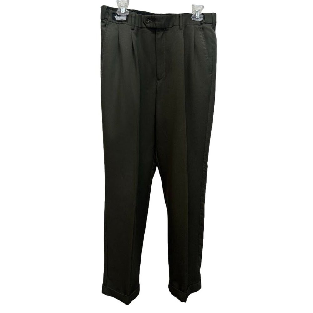 Savane Mens 32 X 32 Expandable Waistband Dk‎ Green Cuffed Dress Pants